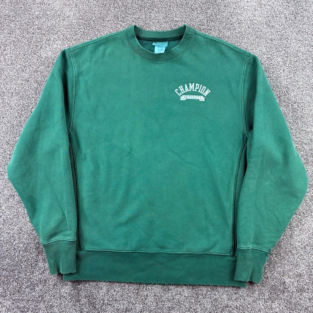 Champion University Reverse Weave Sweatshirt Men Large Green Crewneck Distressed